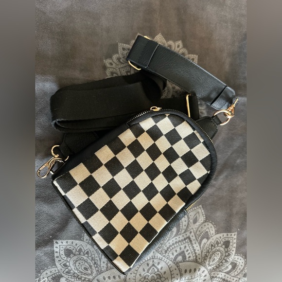 Black and White Checkered Women's Sling Bag - Picture 1 of 8